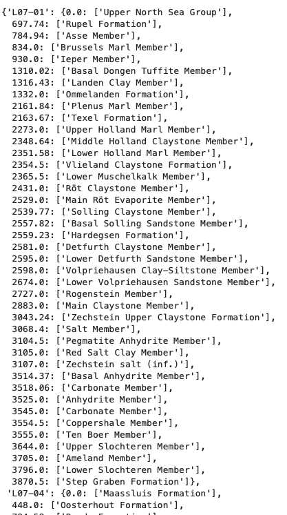 Nested dictionary of formation names and depths. 