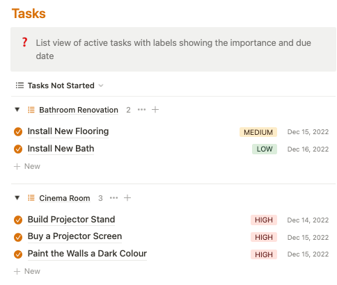 Task manager within the notion home renovation planner.