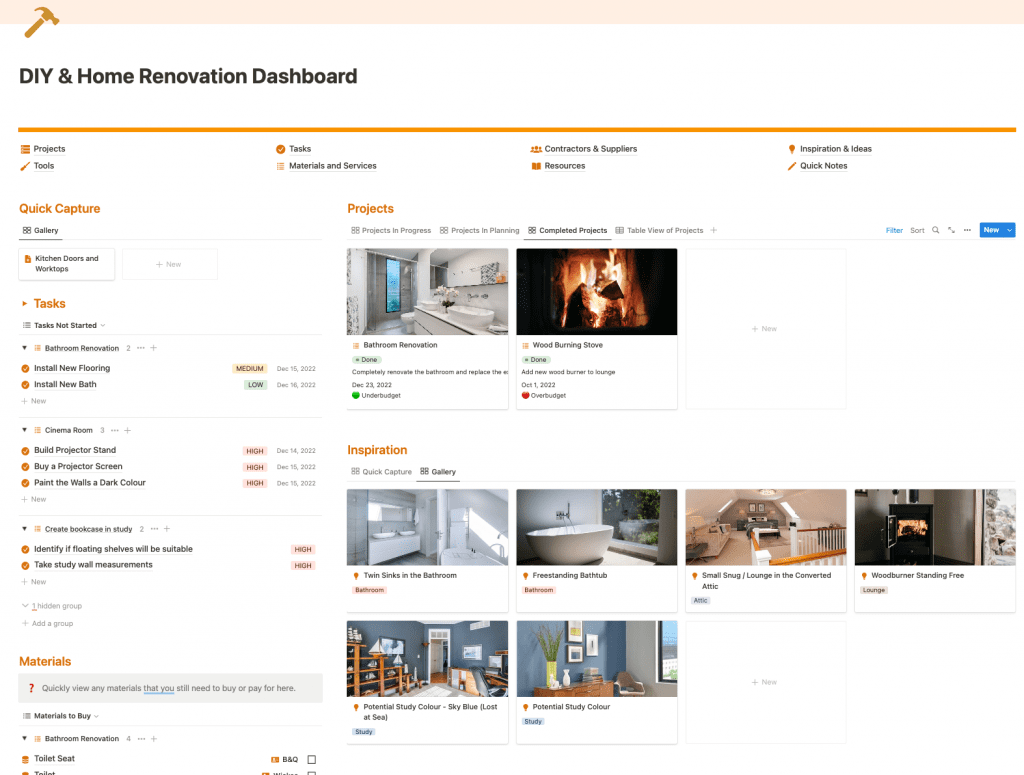 Notion for home renovation and remodelling projects. A single dashboard and workspace to keep track of all your diy projects.
